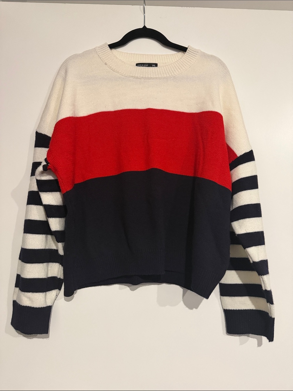 SHEIN Red, Navy & Cream Striped Colorblock Crewneck Sweater